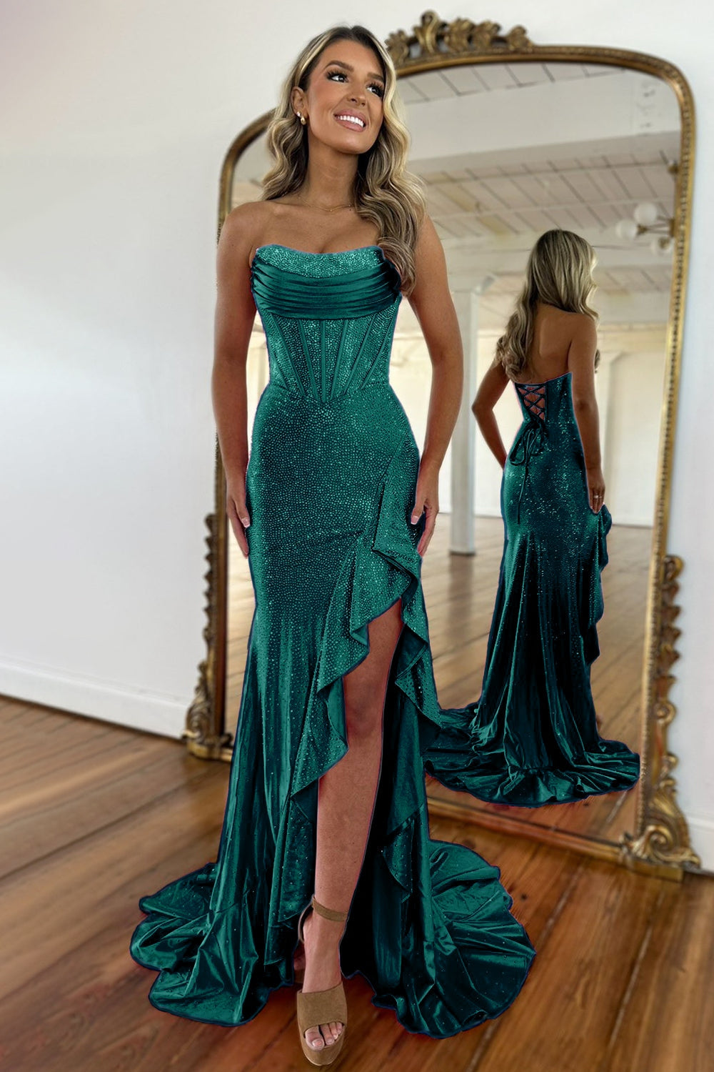 Light Blue Mermaid Strapless Lace Up Long Beaded Prom Dresses