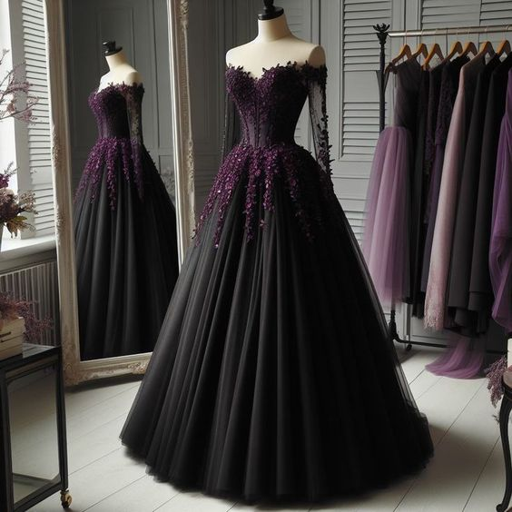 Off The Shoulder Tulle Long Formal Gown Long Sleeves Prom Dress