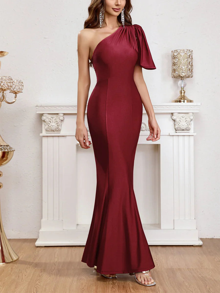 Wine red one shoulder lotus leaf edge fish tail long gown evening dresses