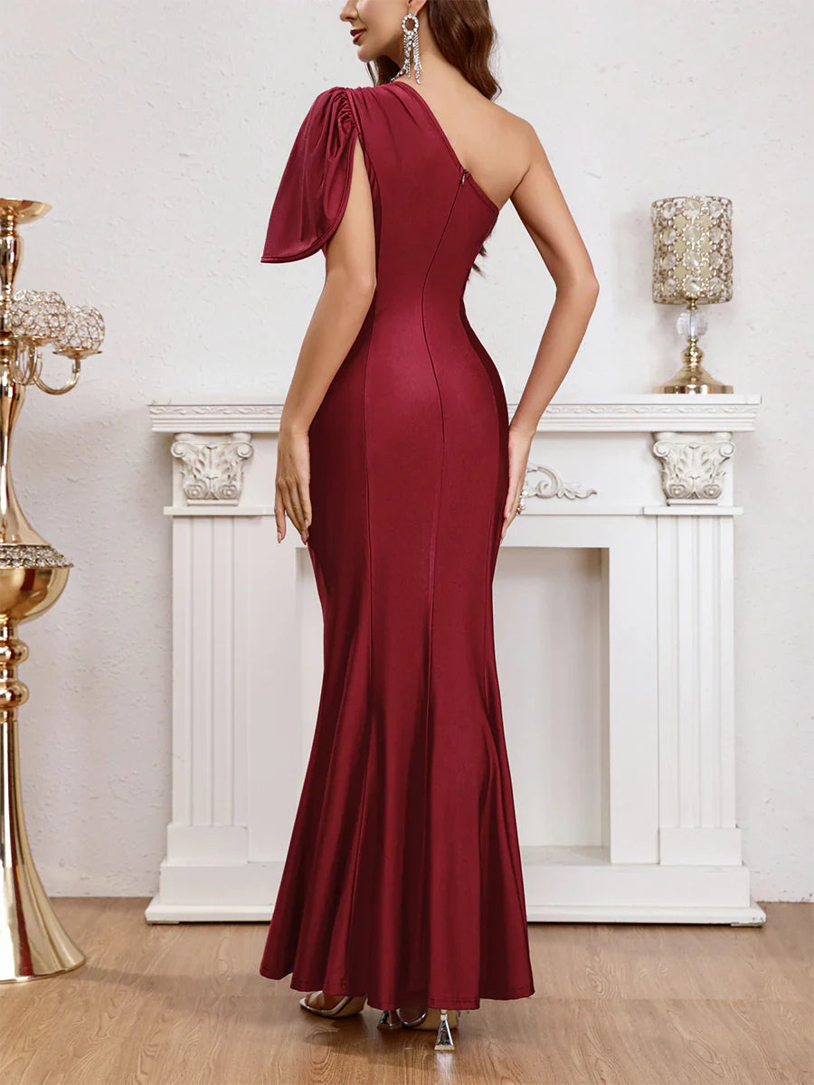 Wine red one shoulder lotus leaf edge fish tail long gown evening dresses