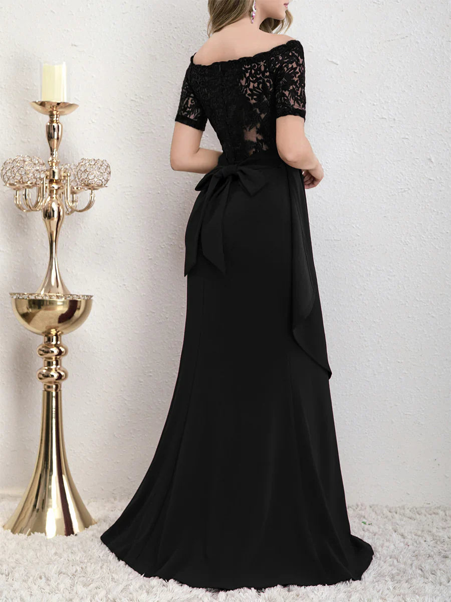 Off shoulder lace asymmetrical and floor length godons even dresses