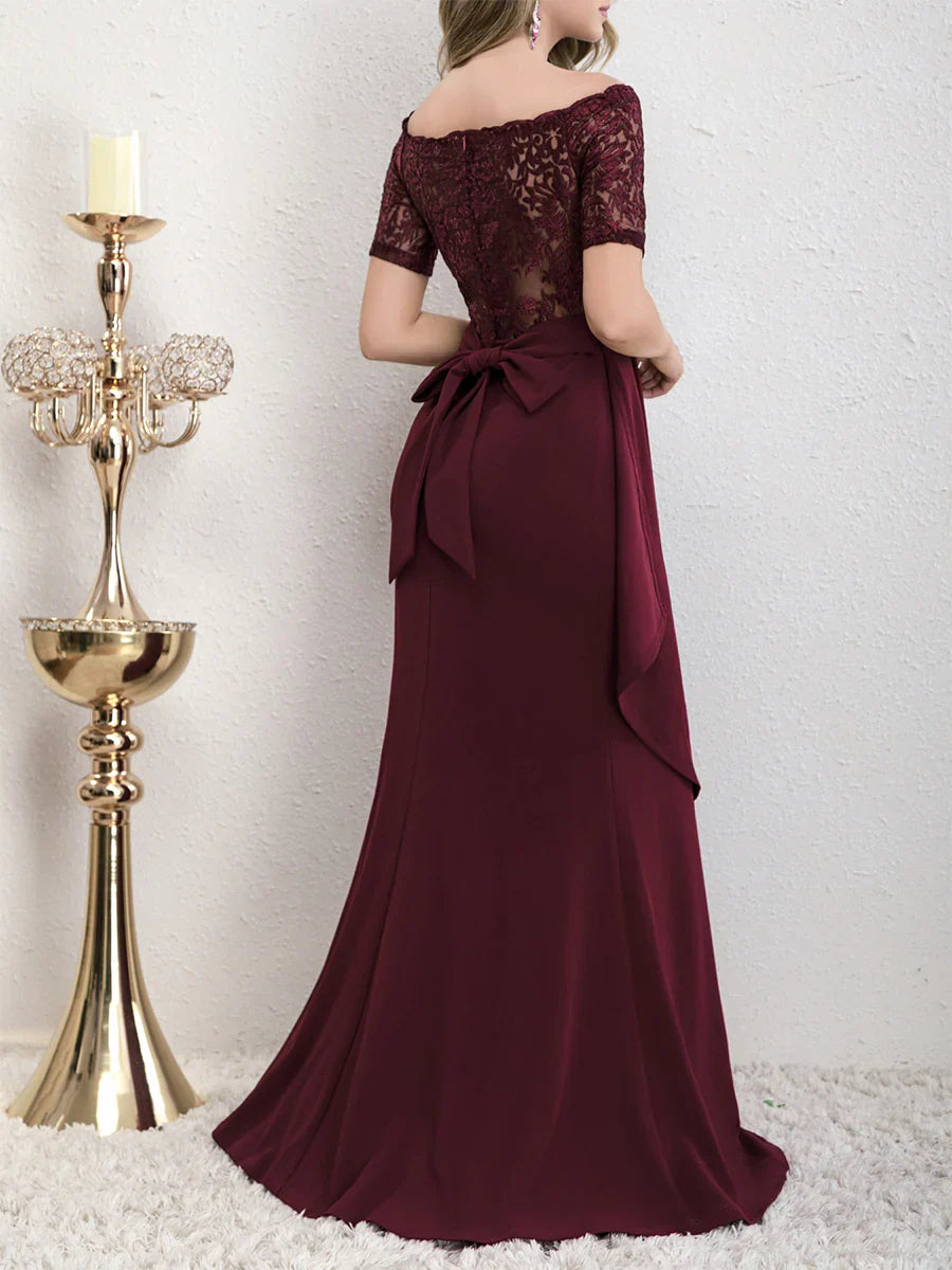 Off shoulder lace asymmetrical and floor length godons even dresses