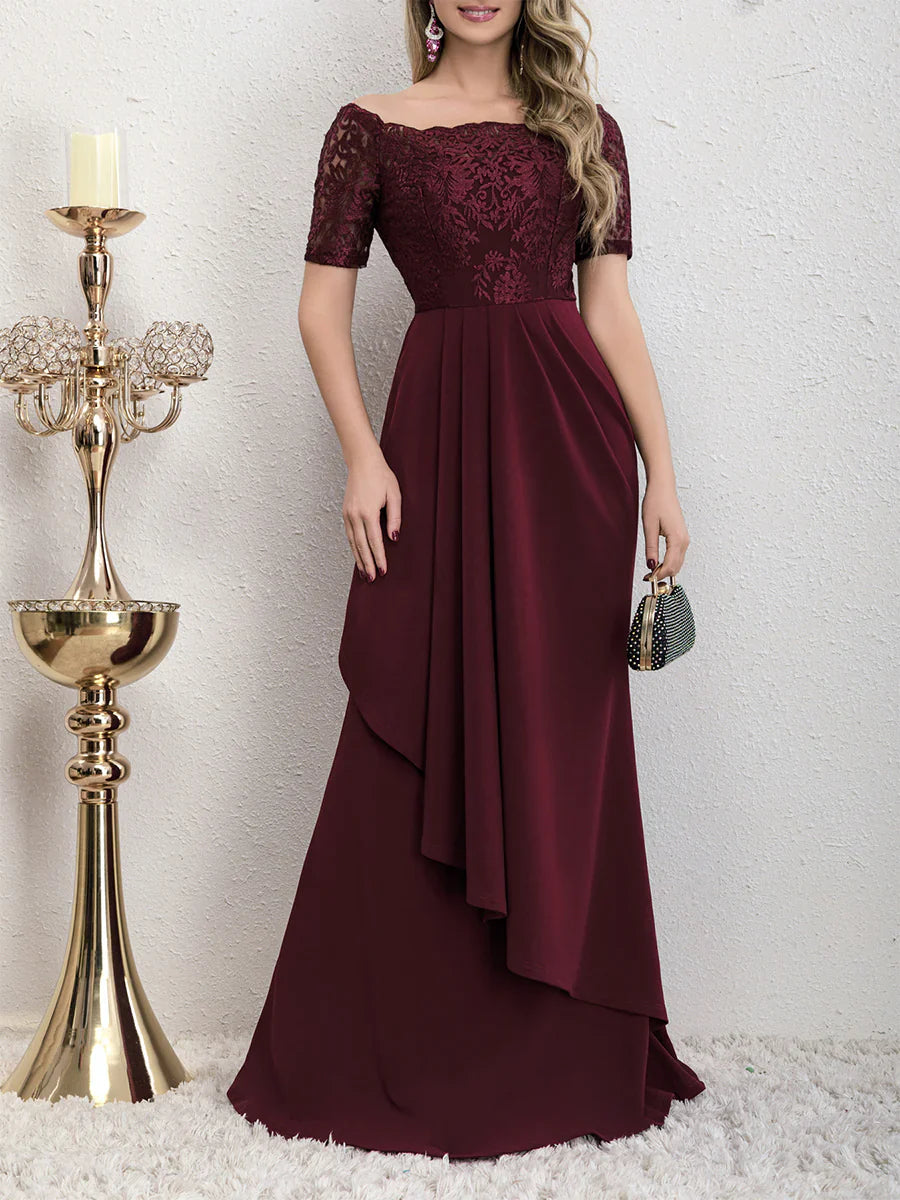 Off shoulder lace asymmetrical and floor length godons even dresses