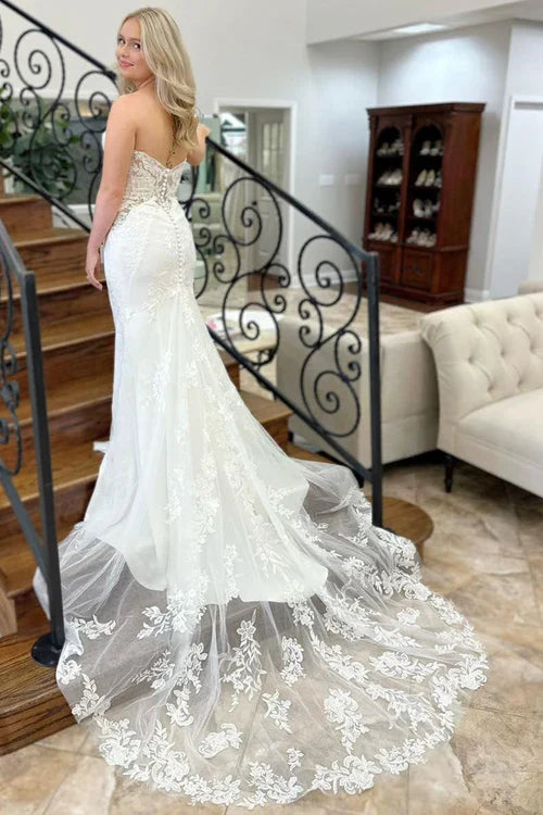 Aimishang Elegant Lace White Strapless Appliques Mermaid Long Wedding Dress