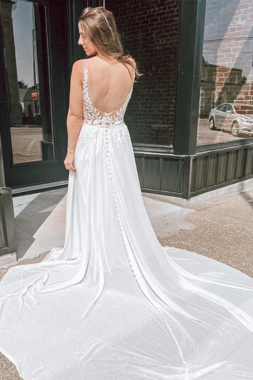 Aimishang Elegant White Appliques Plunge V Open Back Long Wedding Dress