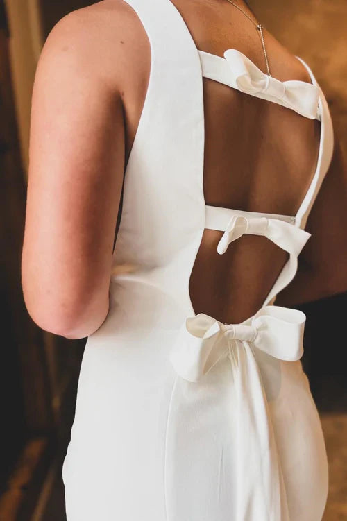 Aimishang Elegant White Satin Bateau Open Back Mermaid Long Wedding Dress