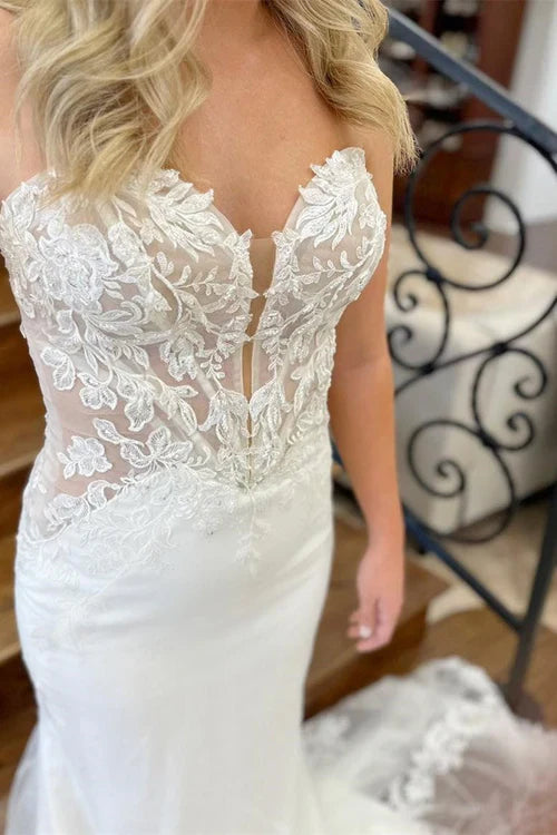 Aimishang Elegant Lace White Strapless Appliques Mermaid Long Wedding Dress