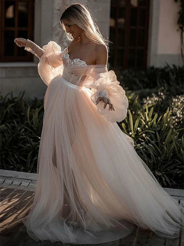 Unique Tulle A-line Wedding Dresses WIth Illusion Long Sleeves Off Shoulder Floor Length Bridal Gown