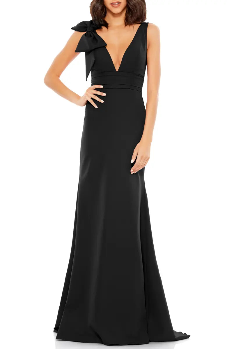 Noble off shoulder bow shoulder V-neck and floor length off back evening dress
