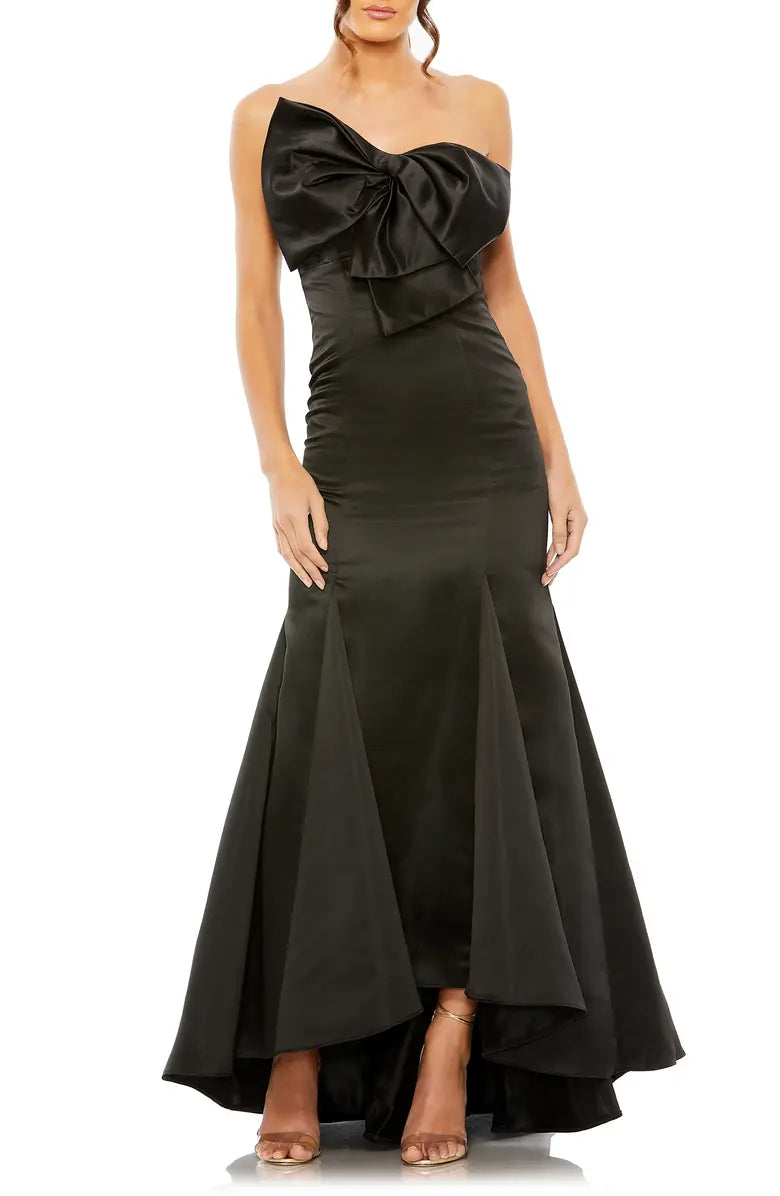 Noble strapless off the shoulder satin fishtail and ground length butterfly dew back evening dress