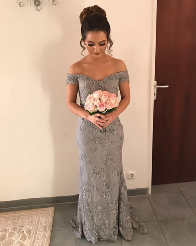 Mermaid Gray Lace Off Shoulder Prom Dress