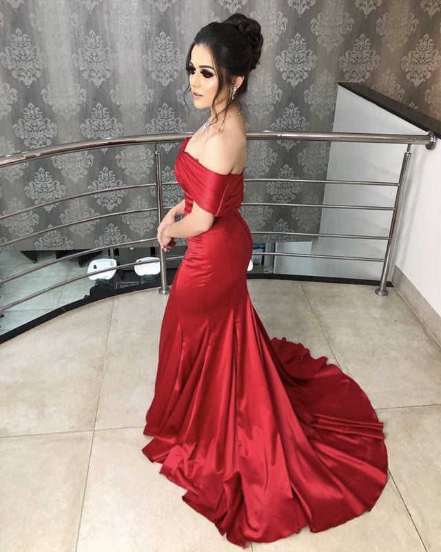 Mermaid Off Shoulder Satin V-neck Prom Dresses