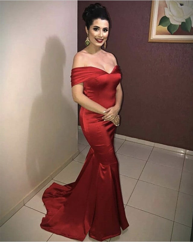 Mermaid Off Shoulder Satin V-neck Prom Dresses