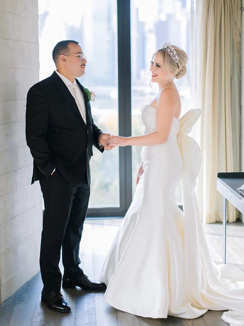 Aimishang Elegant Mermaid Strapless Satin Wedding Dresses With Bow-Knot White Wedding Dress