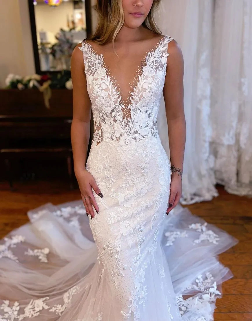 Aimishang Wedding Dress Mermaid Deep V-Neck Chapel Train With Appliques
