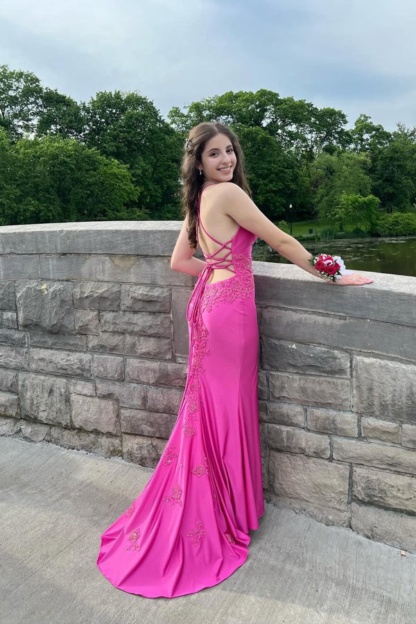 Mermaid Straps Appliques Fuchsia Long Prom Dress with Slit TP1351