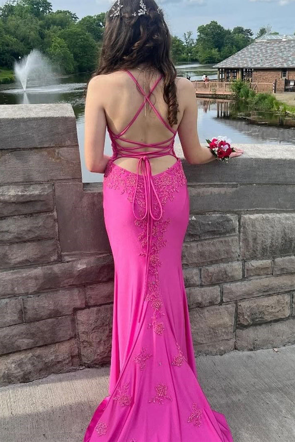 Mermaid Straps Appliques Fuchsia Long Prom Dress with Slit TP1351