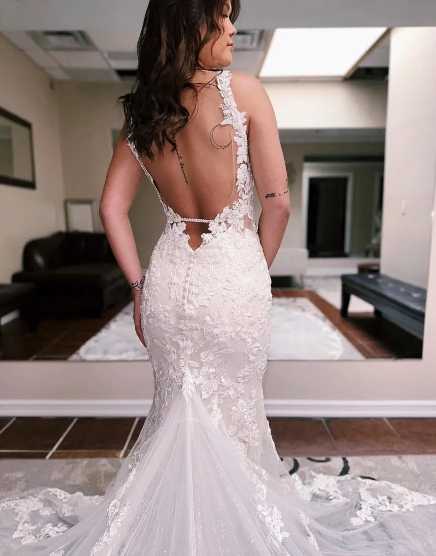 Aimishang Wedding Dress Open Back Mermaid Spaghetti Straps Chapel Train