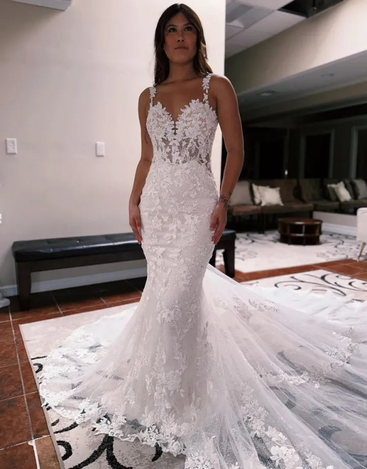 Aimishang Wedding Dress Open Back Mermaid Spaghetti Straps Chapel Train