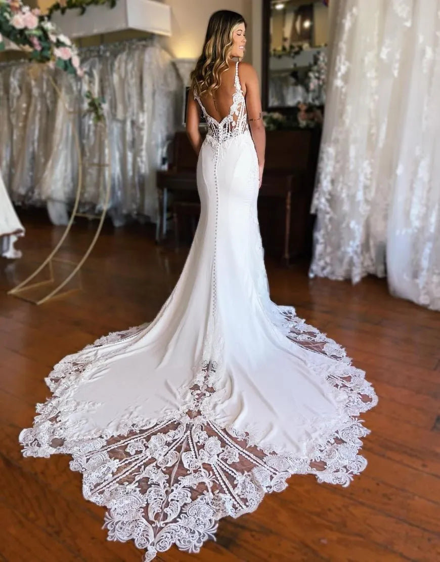 Aimishang Mermaid Wedding Dress Spaghetti Straps Stretch Satin With Appliques