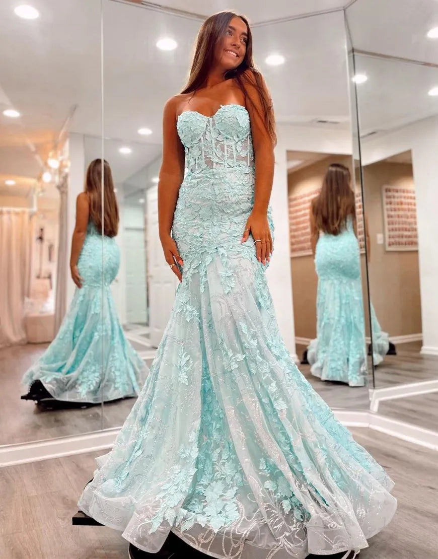 Wholesale Mermaid Strapless Zipper Back Long Lace Prom Dress long prom dresses with sleeves