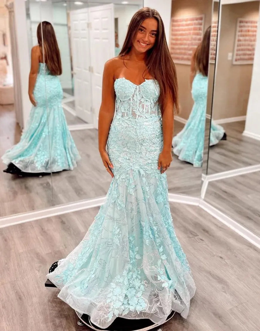 Wholesale Mermaid Strapless Zipper Back Long Lace Prom Dress long prom dresses with sleeves