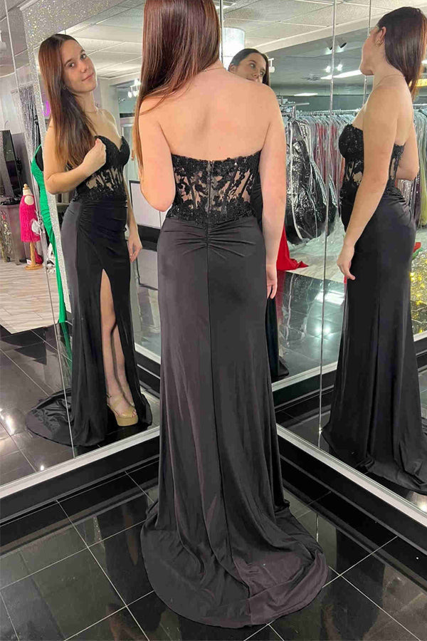 Mermaid Sweetheart Black Sheer Lace Corset Long Prom Dress TP1261