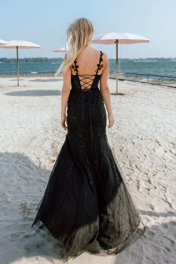 Mermaid Straps Lace Appliques Black Long Prom Dress with Slit TP1355