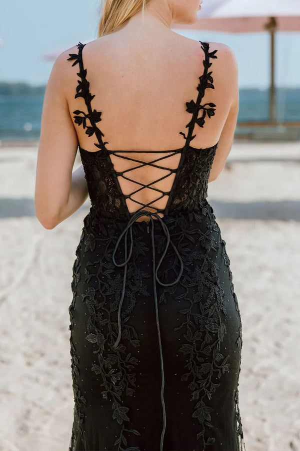 Mermaid Straps Lace Appliques Black Long Prom Dress with Slit TP1355