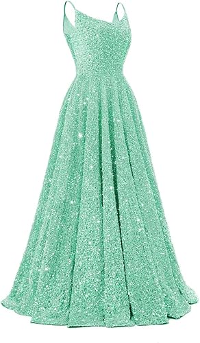 Spaghetti Straps Prom Dresses Sequin Long Formal Ball Gowns Sparkly A-Line Evening Party Gown Wholesale