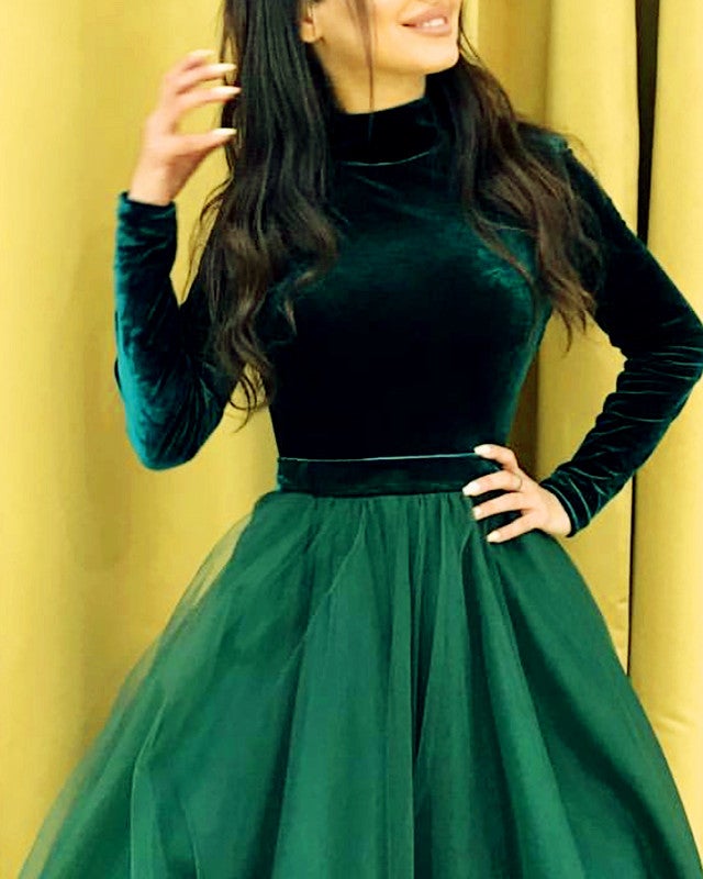 Modest Green Prom Dresses Long Sleeve Ball Gown