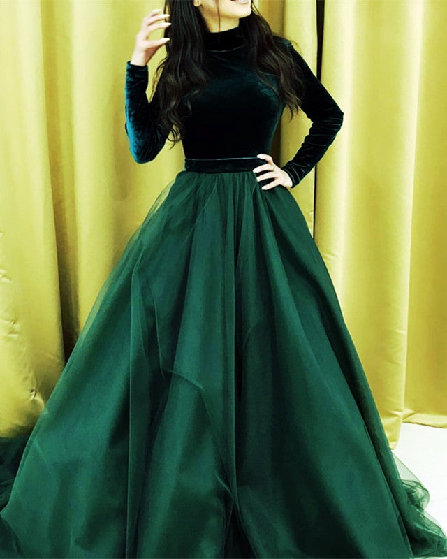 Modest Green Prom Dresses Long Sleeve Ball Gown