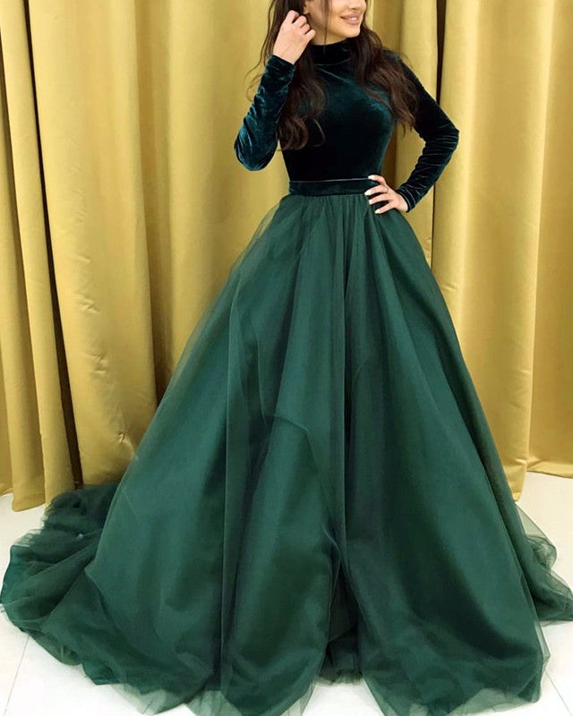Modest Green Prom Dresses Long Sleeve Ball Gown