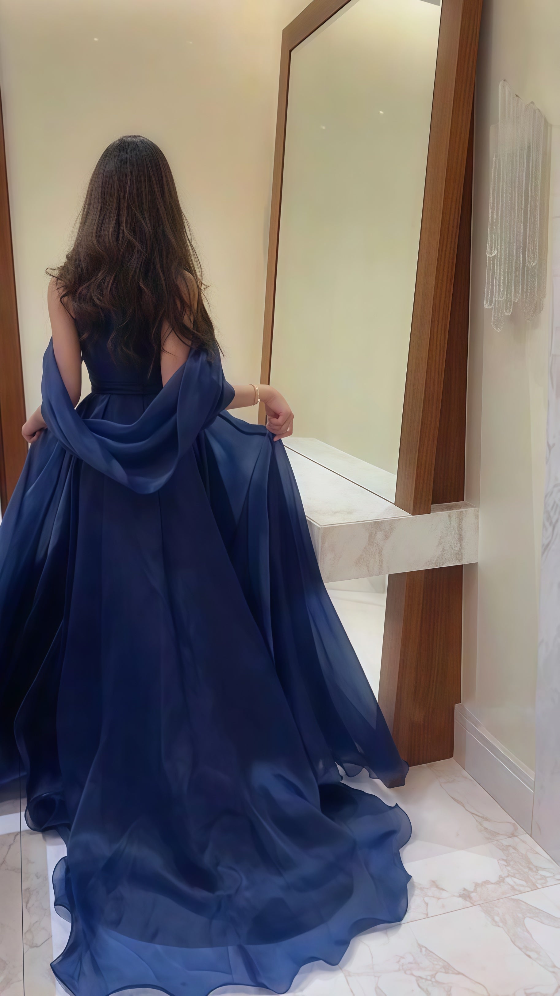 Navy Blue Organza A-line Evening Prom Dresses,AST1675