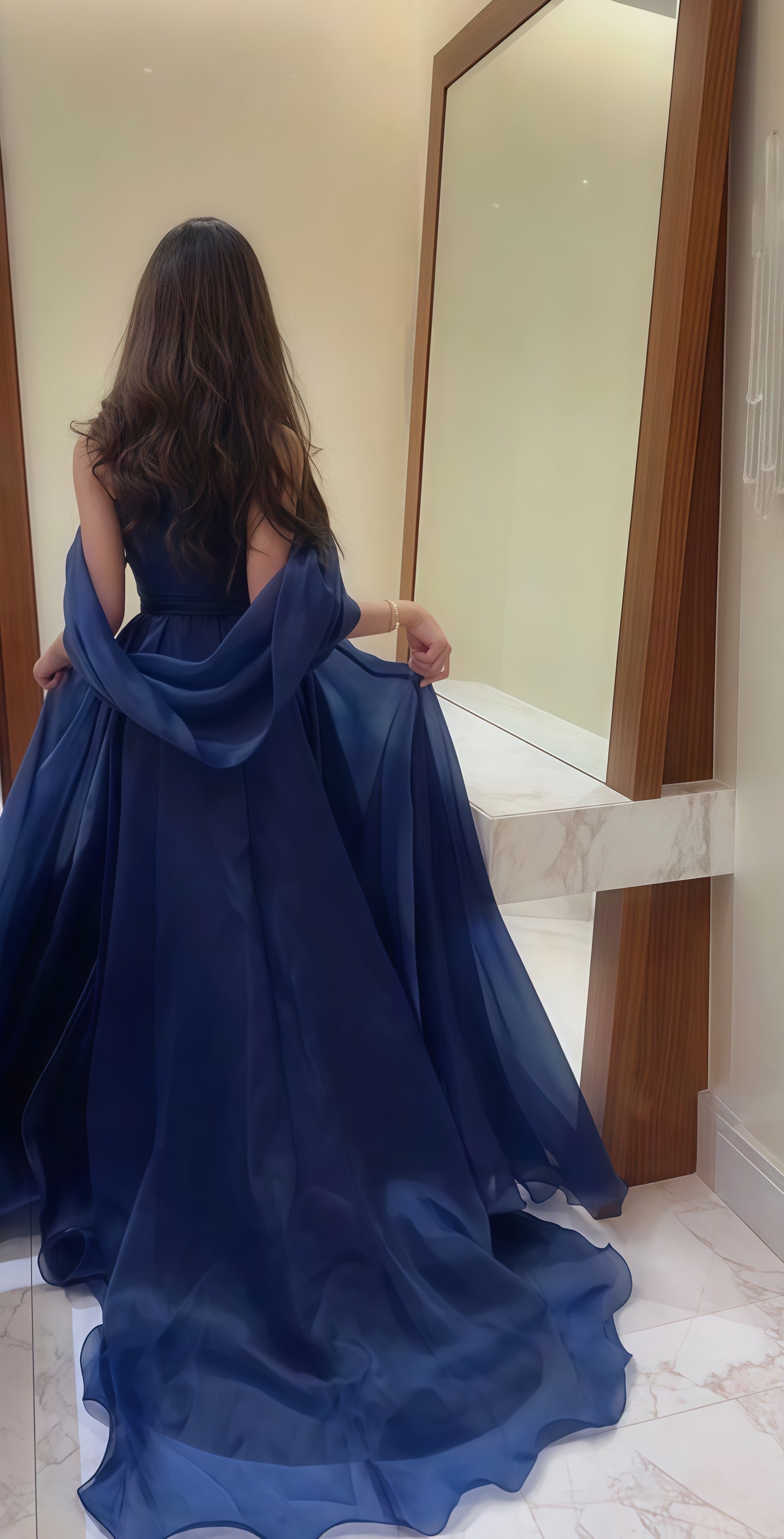 Navy Blue Strapless Organza Prom Dress, A-Line Evening Party Dress,AST1718