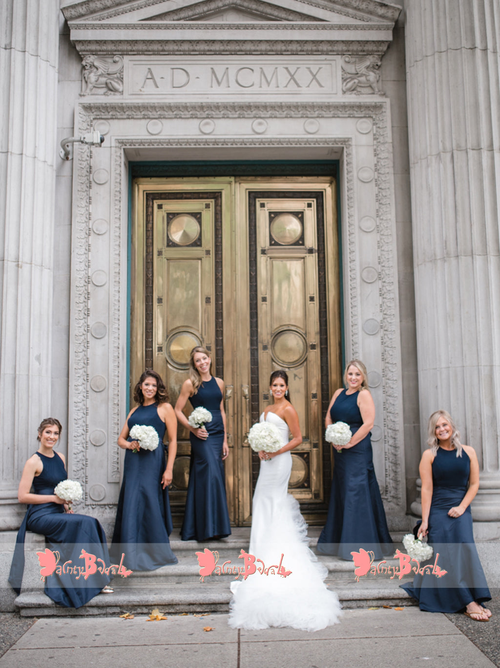 Navy Blue Satin Sleeveless Jewel Neck Mermaid Bridesmaid Dresses,DB116