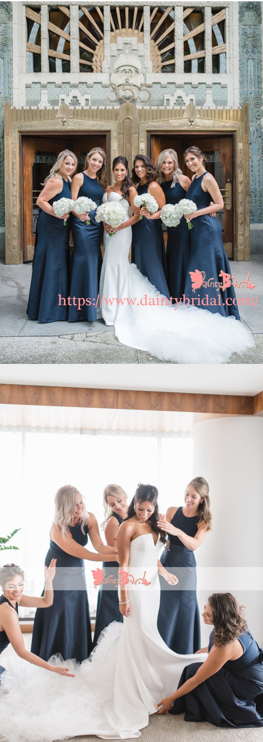 Navy Blue Satin Sleeveless Jewel Neck Mermaid Bridesmaid Dresses,DB116