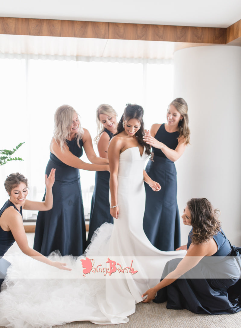 Navy Blue Satin Sleeveless Jewel Neck Mermaid Bridesmaid Dresses,DB116