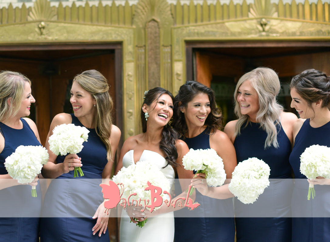 Navy Blue Satin Sleeveless Jewel Neck Mermaid Bridesmaid Dresses,DB116
