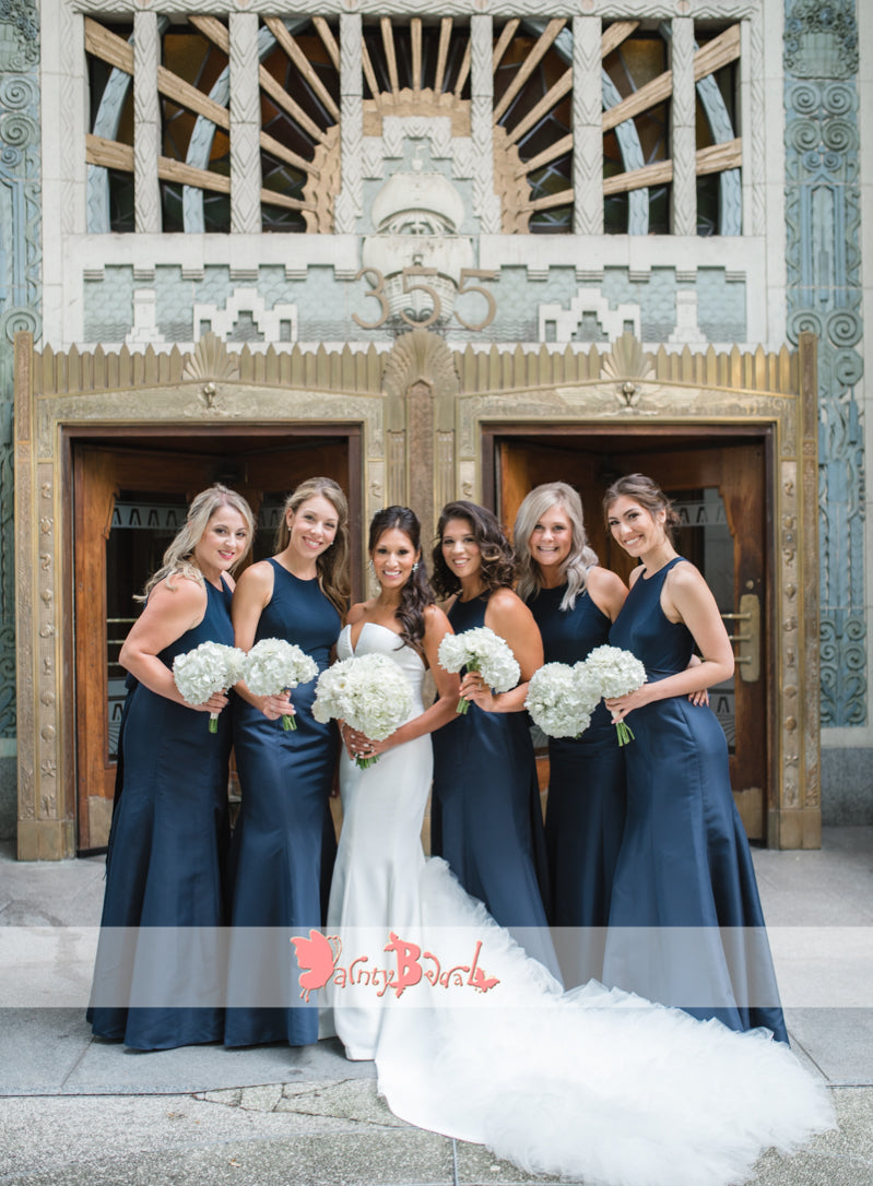 Navy Blue Satin Sleeveless Jewel Neck Mermaid Bridesmaid Dresses,DB116