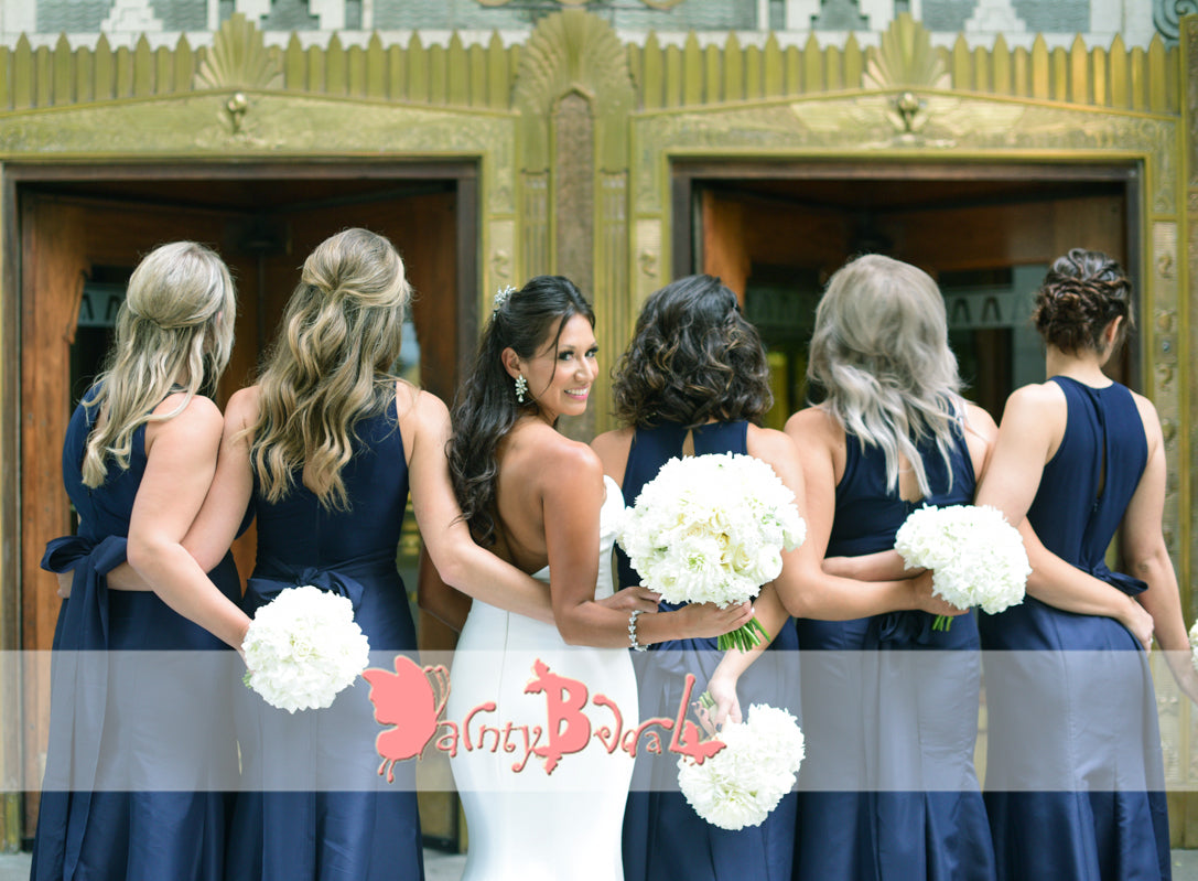 Navy Blue Satin Sleeveless Jewel Neck Mermaid Bridesmaid Dresses,DB116