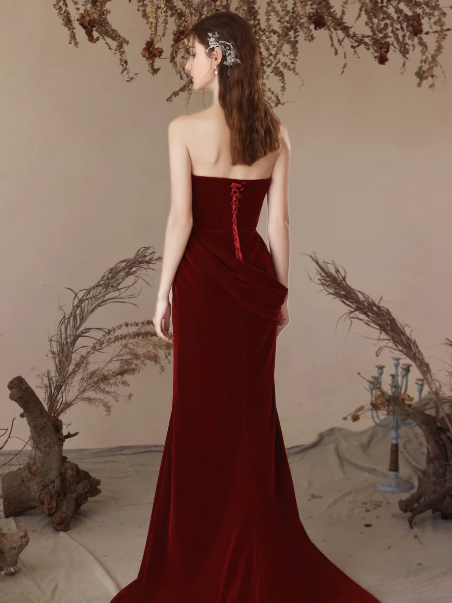 Unique Mermaid Velvet Burgundy Long Prom Dress, Burgundy Evening Dress