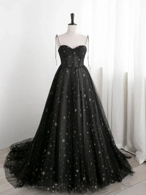 Black Sweetheart Tulle Straps Long Formal Dress Evening Party Dress A Line Prom Dress Wholesale