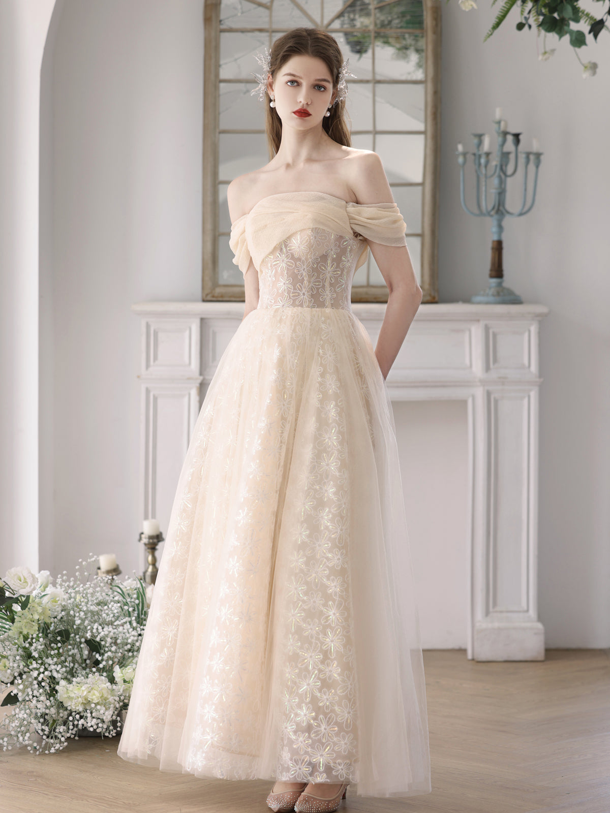 Champagne A-Line Tulle Lace Long Prom Dress, Champagne Formal Dress