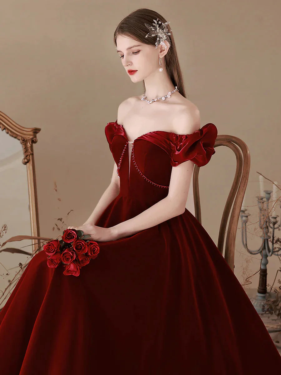 Wine Red Velvet Beaded Off Shoulder Sweetheart Prom Dress, Wine Red Bridesmaid Dress