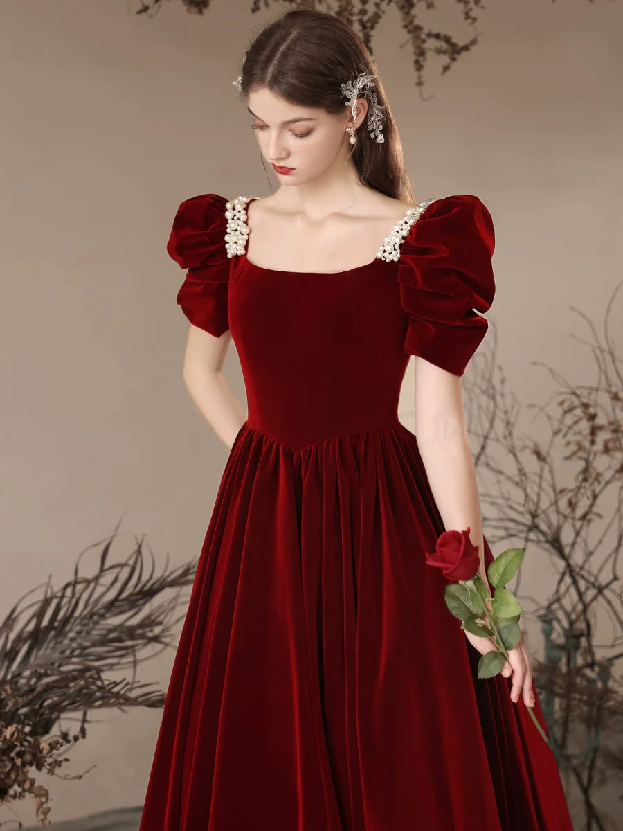 Burgundy A-Line Velvet Beads Long Prom Dress, Burgundy Long Formal Dress
