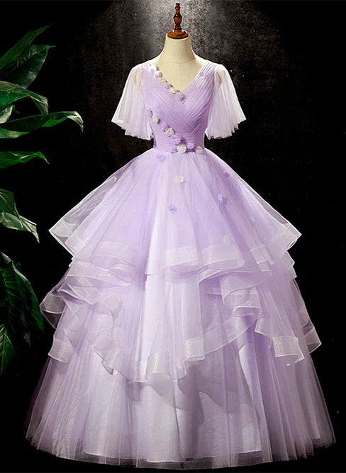 Lavender Tulle V-neckline Sweet 16 Dress with Flowers Formal Dress Prom Dress Elegant Wholesale