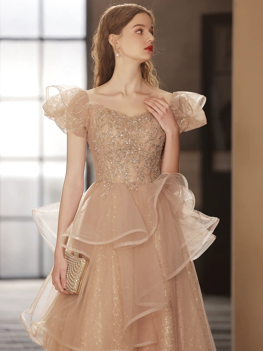 Champagne Tulle Sequin Long Prom Dress, Champagne Tulle Formal Dress