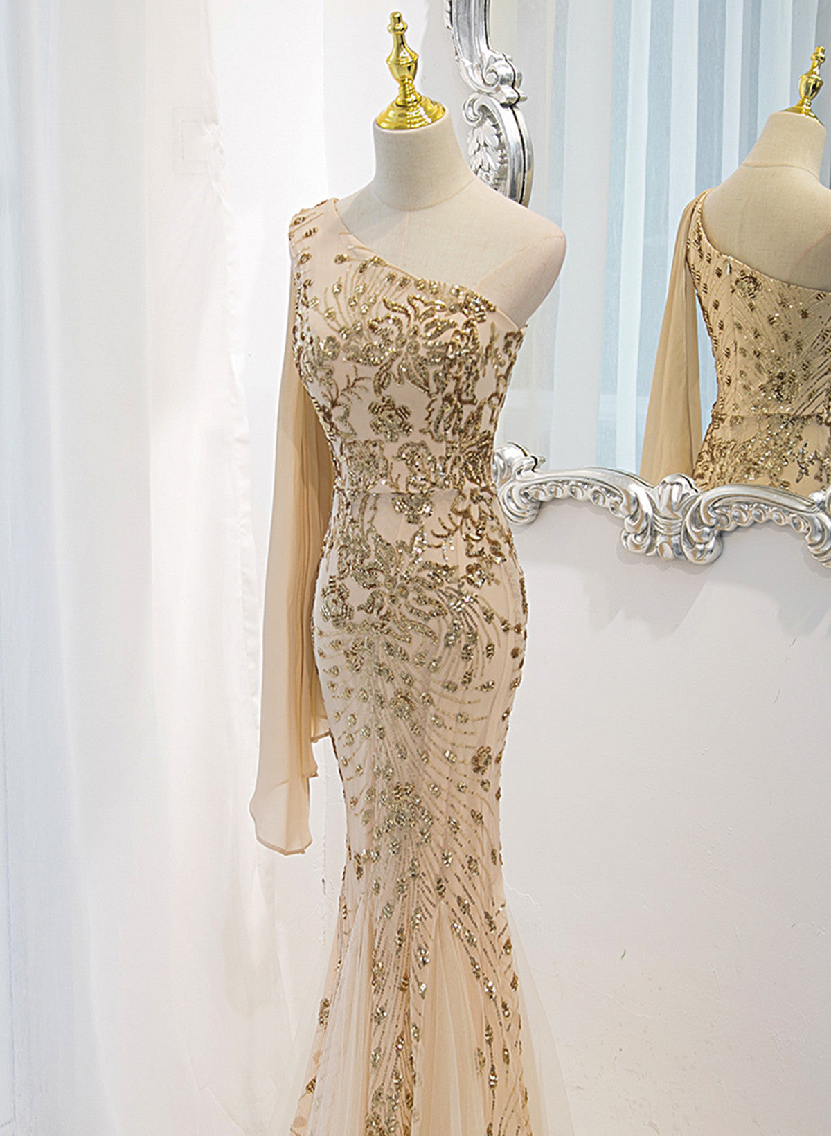 Champagne Mermaid Long Party Dress, Champagne Sequins Prom Dress