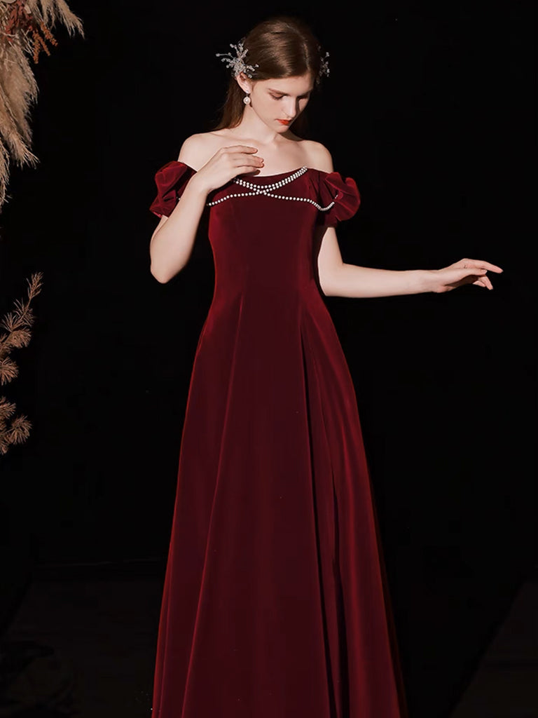 Simple Velvet Burgundy Long Prom Dress, Burgundy Long Formal Dress